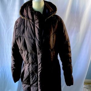 Women’s Brown Calvin Klein Quilted Jacket Coat Long Detachable Hood AS IS Med